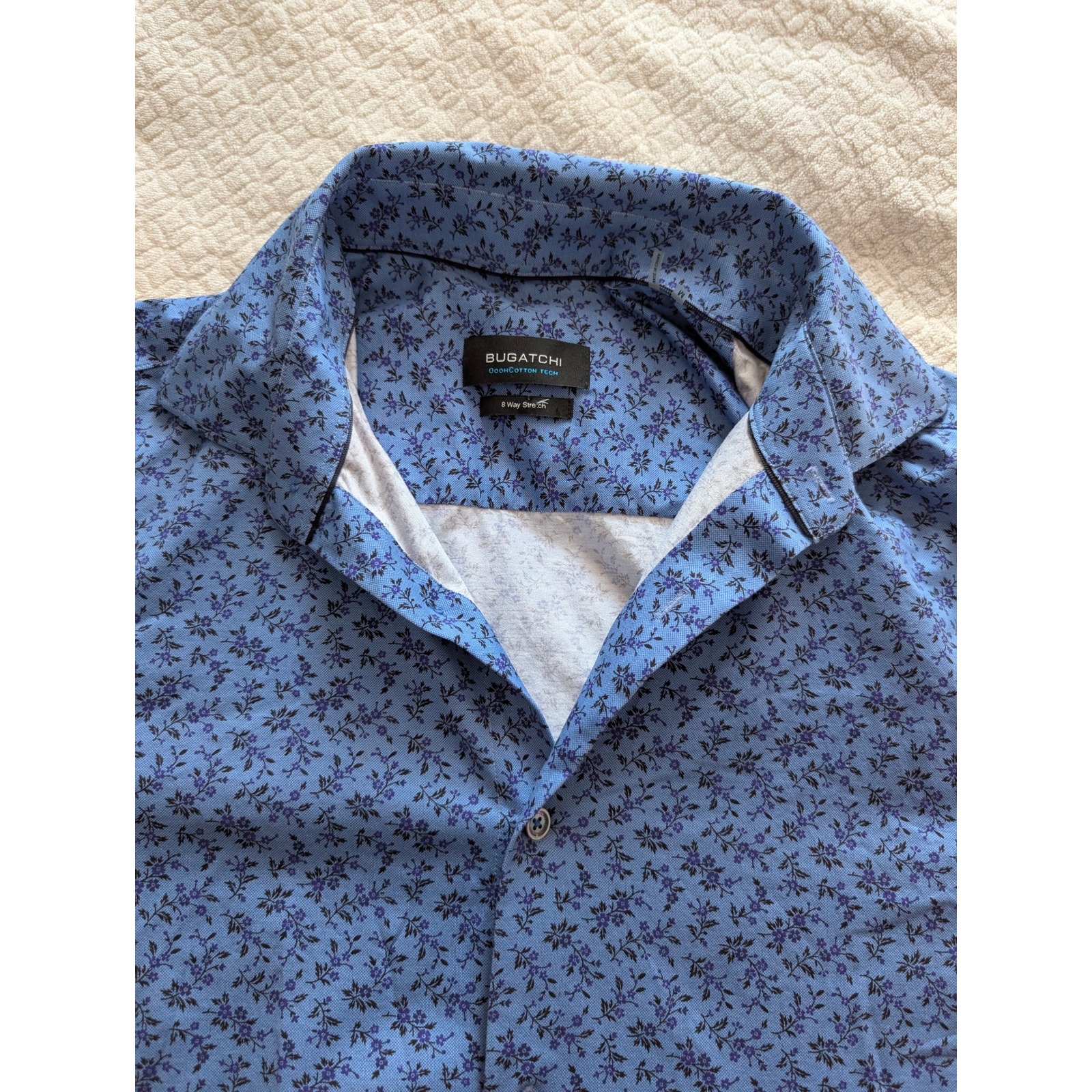 Bugatchi Ooohcotton Mens Shirt Blue 8 Way Stretch All Over Print Medium